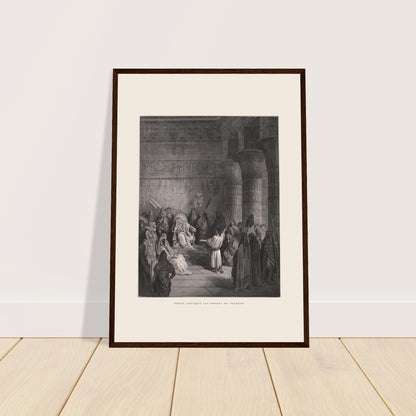 Joseph deutet die Träume des Pharaos, Stich von Gustave Doré. Illustration von Gustave Doré, die darstellt, wie Josef in einem ägyptischen Palast dem Pharao seine Träume deutet, wobei der Pharao auf seinem Thron sitzt.