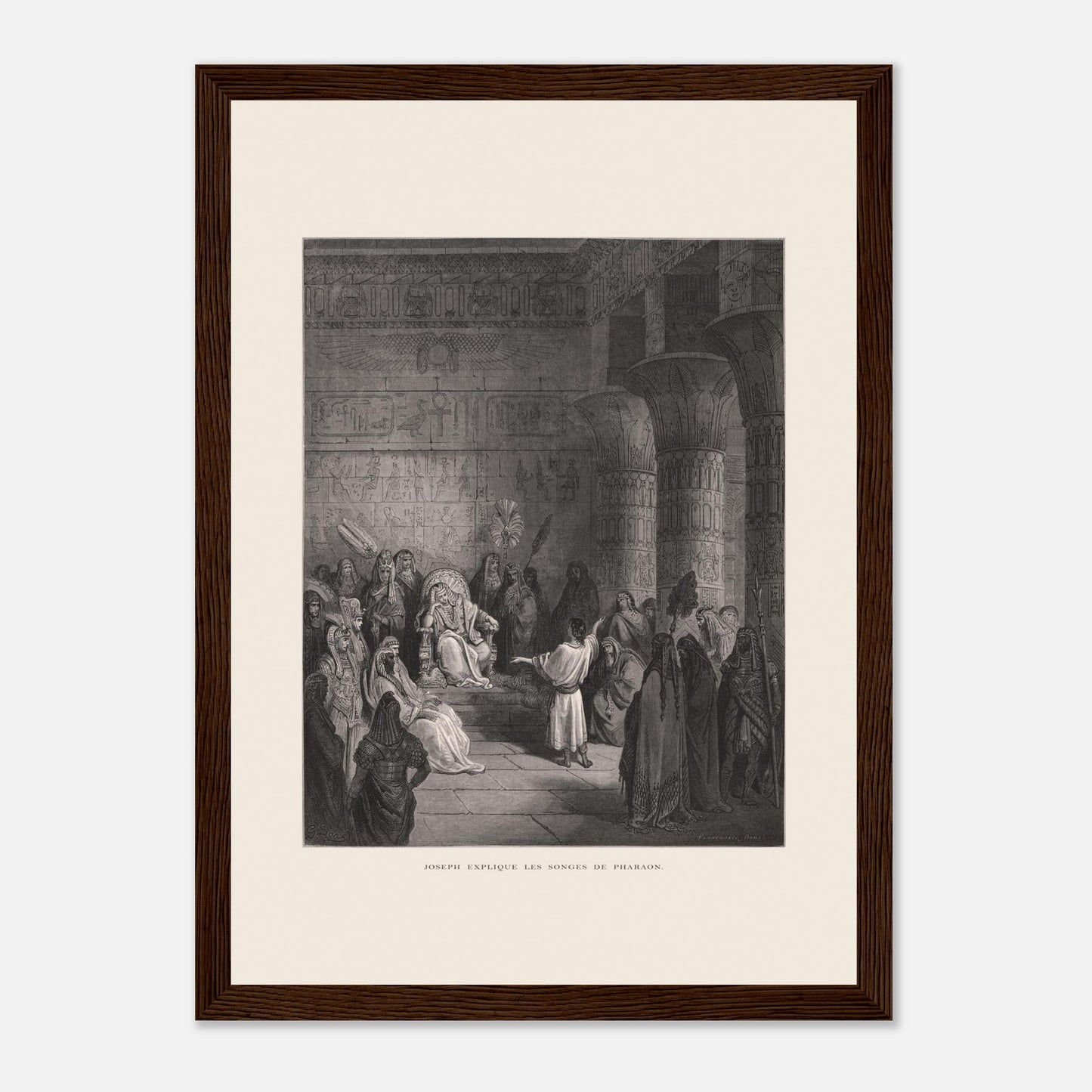 Joseph expliquant les songes de Pharaon, gravure de Gustave Doré (21x29,7 cm (A4) / Cadre bois foncé). Illustration de Gustave Doré représentant Joseph expliquant les songes de Pharaon dans un palais égyptien, avec Pharaon assis sur son trône.