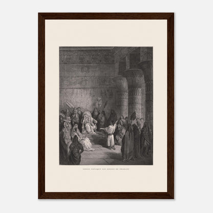 Joseph expliquant les songes de Pharaon, gravure de Gustave Doré (21x29,7 cm (A4) / Cadre bois foncé). Illustration de Gustave Doré représentant Joseph expliquant les songes de Pharaon dans un palais égyptien, avec Pharaon assis sur son trône.