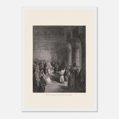 Joseph expliquant les songes de Pharaon, gravure de Gustave Doré (29,7x42 cm (A3) / Cadre blanc). Illustration de Gustave Doré représentant Joseph expliquant les songes de Pharaon dans un palais égyptien, avec Pharaon assis sur son trône.