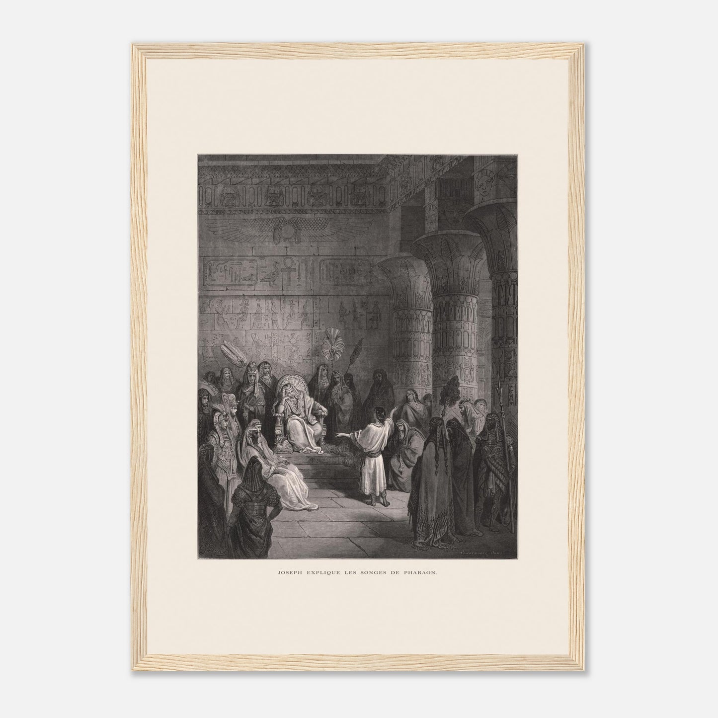 Joseph expliquant les songes de Pharaon, gravure de Gustave Doré (29,7x42 cm (A3) / Cadre bois clair). Illustration de Gustave Doré représentant Joseph expliquant les songes de Pharaon dans un palais égyptien, avec Pharaon assis sur son trône.