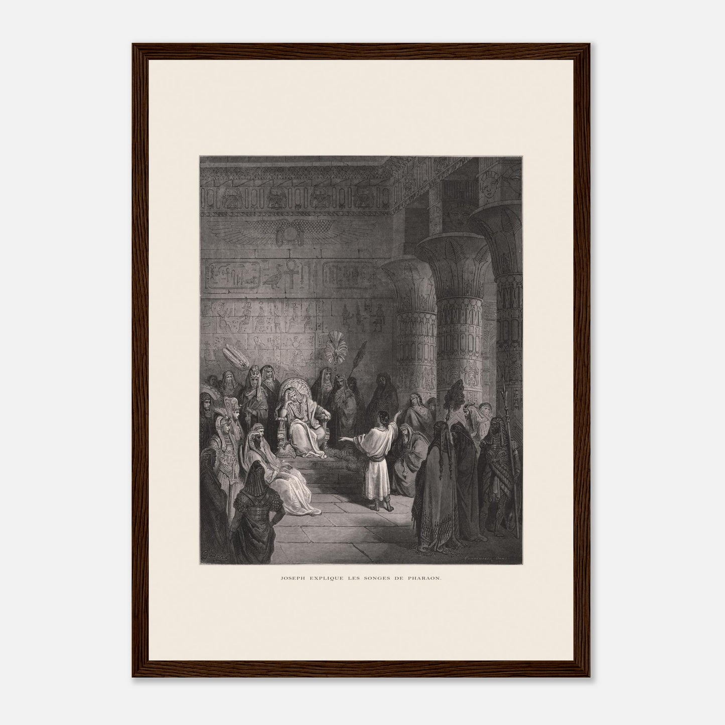 Joseph expliquant les songes de Pharaon, gravure de Gustave Doré (29,7x42 cm (A3) / Cadre bois foncé). Illustration de Gustave Doré représentant Joseph expliquant les songes de Pharaon dans un palais égyptien, avec Pharaon assis sur son trône.