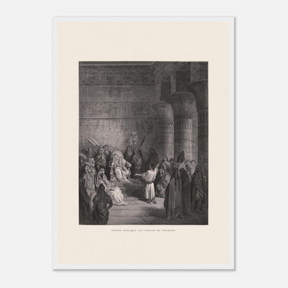 Joseph expliquant les songes de Pharaon, gravure de Gustave Doré (42x59,4 cm (A2) / Cadre blanc). Illustration de Gustave Doré représentant Joseph expliquant les songes de Pharaon dans un palais égyptien, avec Pharaon assis sur son trône.