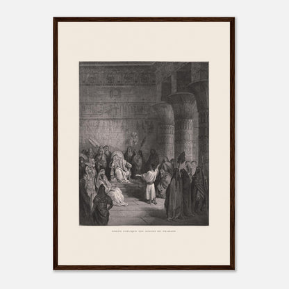 Joseph expliquant les songes de Pharaon, gravure de Gustave Doré (42x59,4 cm (A2) / Cadre bois foncé). Illustration de Gustave Doré représentant Joseph expliquant les songes de Pharaon dans un palais égyptien, avec Pharaon assis sur son trône.