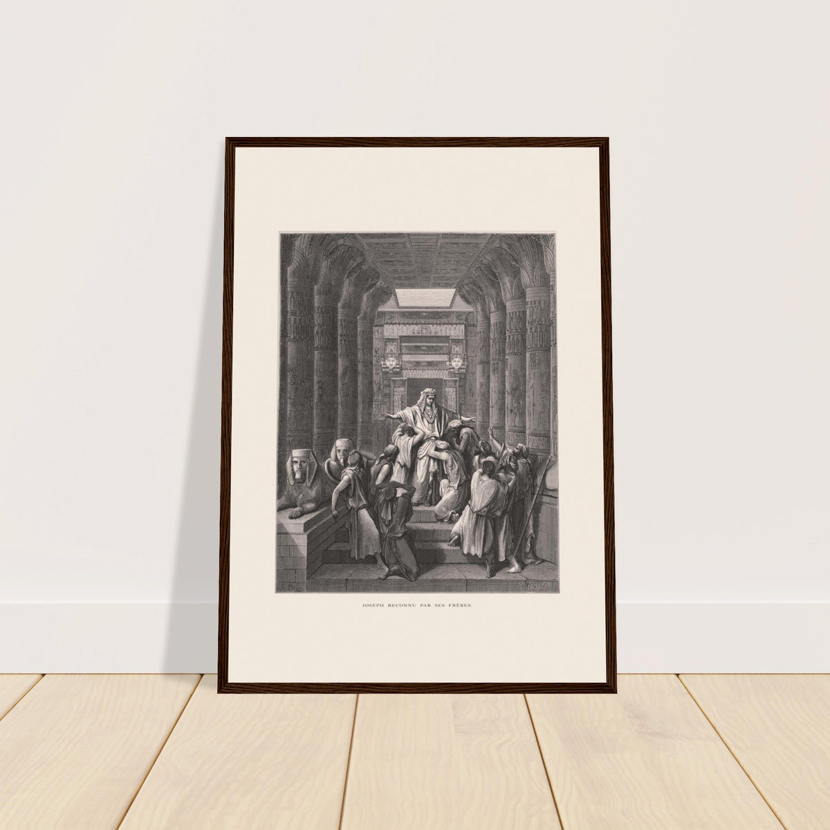 Josef von seinen Brüdern erkannt, antike Tafel von Gustave Doré. Illustration von Gustave Doré, die zeigt, wie Josef von seinen Brüdern in einer ägyptischen Architekturkulisse mit zahlreichen Säulen wiedererkannt wird.