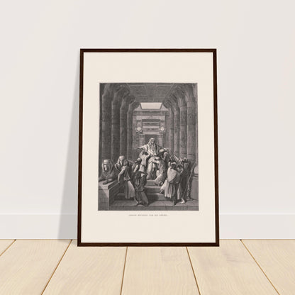 Josef von seinen Brüdern erkannt, antike Tafel von Gustave Doré. Illustration von Gustave Doré, die zeigt, wie Josef von seinen Brüdern in einer ägyptischen Architekturkulisse mit zahlreichen Säulen wiedererkannt wird.