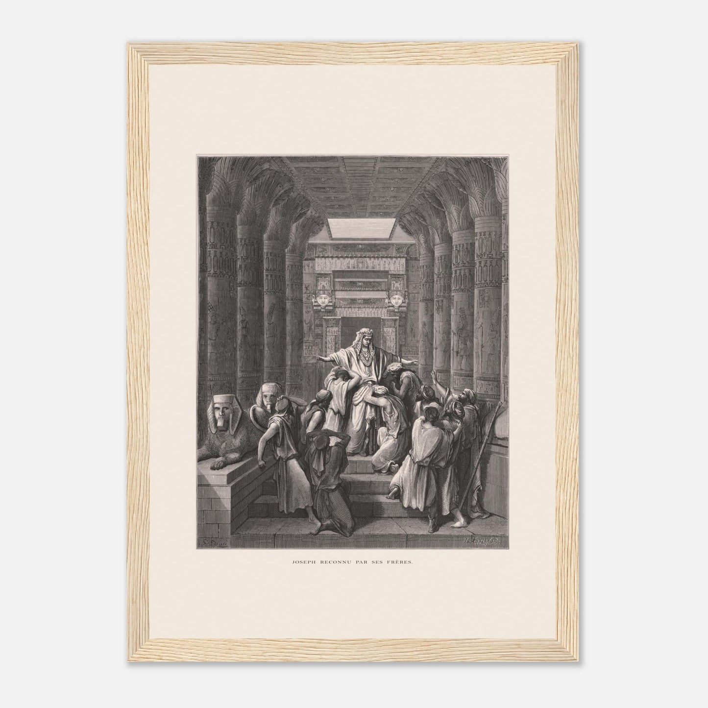 Joseph reconnu par ses frères, planche ancienne de Gustave Doré (21x29,7 cm (A4) / Cadre bois clair). Illustration de Gustave Doré montrant Joseph reconnu par ses frères dans un décor architectural égyptien, avec de nombreuses colonnes.