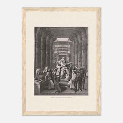 Joseph reconnu par ses frères, planche ancienne de Gustave Doré (21x29,7 cm (A4) / Cadre bois clair). Illustration de Gustave Doré montrant Joseph reconnu par ses frères dans un décor architectural égyptien, avec de nombreuses colonnes.