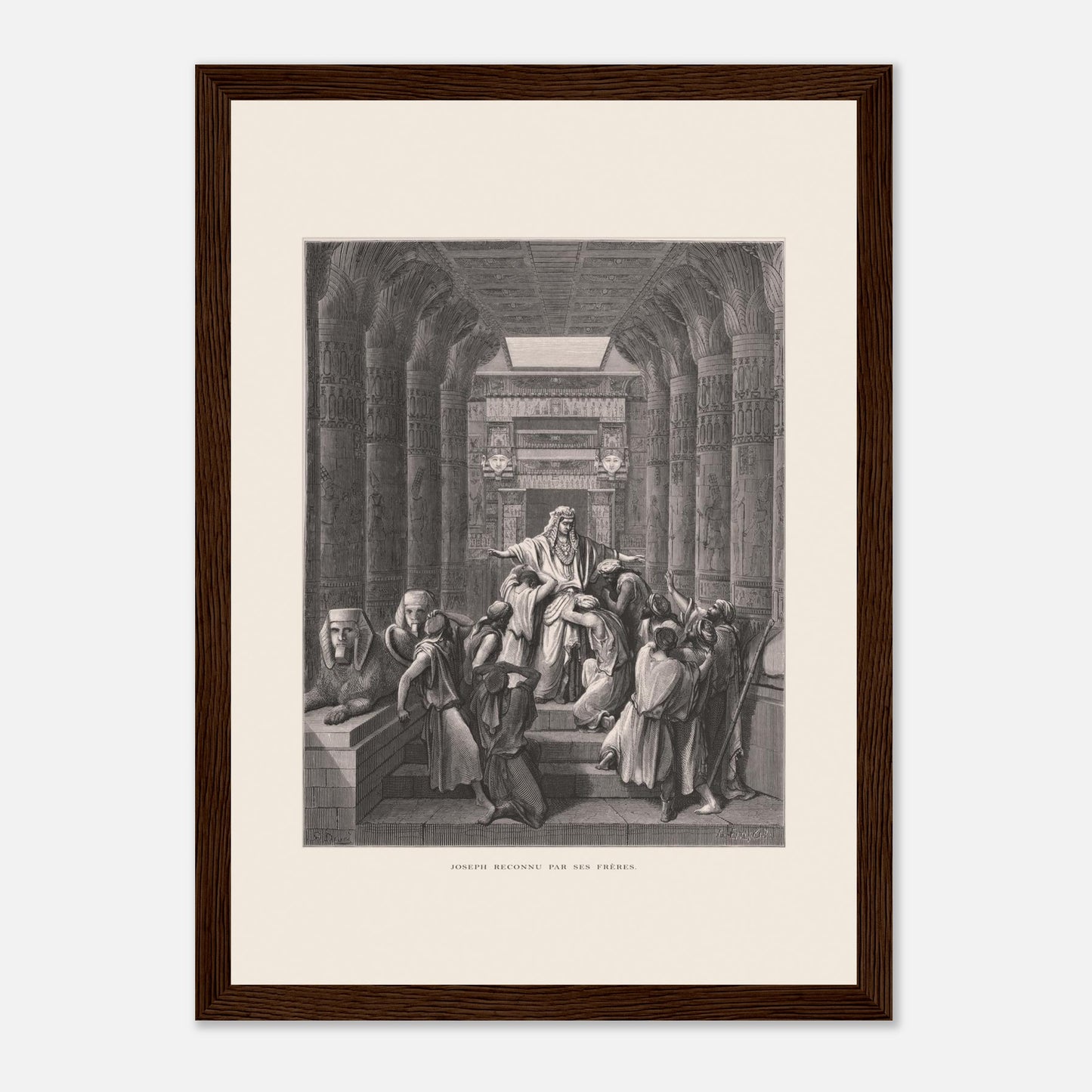 Joseph reconnu par ses frères, planche ancienne de Gustave Doré (21x29,7 cm (A4) / Cadre bois foncé). Illustration de Gustave Doré montrant Joseph reconnu par ses frères dans un décor architectural égyptien, avec de nombreuses colonnes.