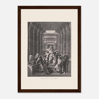 Joseph reconnu par ses frères, planche ancienne de Gustave Doré (21x29,7 cm (A4) / Cadre bois foncé). Illustration de Gustave Doré montrant Joseph reconnu par ses frères dans un décor architectural égyptien, avec de nombreuses colonnes.