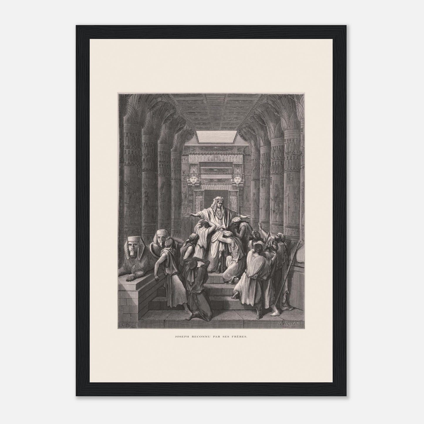 Joseph reconnu par ses frères, planche ancienne de Gustave Doré (21x29,7 cm (A4) / Cadre noir). Illustration de Gustave Doré montrant Joseph reconnu par ses frères dans un décor architectural égyptien, avec de nombreuses colonnes.
