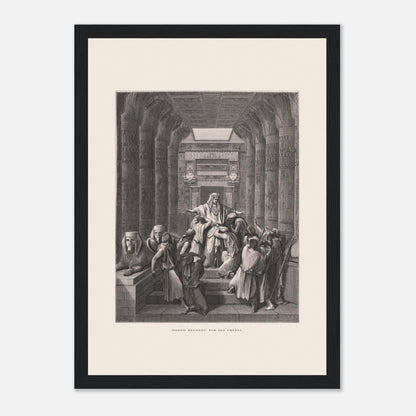 Joseph reconnu par ses frères, planche ancienne de Gustave Doré (21x29,7 cm (A4) / Cadre noir). Illustration de Gustave Doré montrant Joseph reconnu par ses frères dans un décor architectural égyptien, avec de nombreuses colonnes.