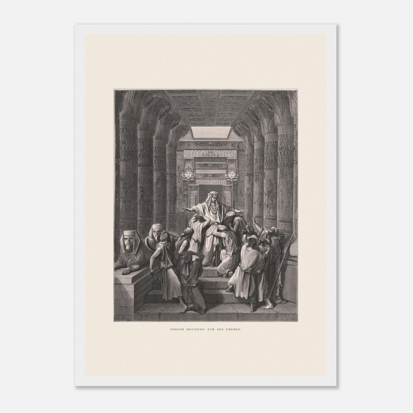 Joseph reconnu par ses frères, planche ancienne de Gustave Doré (29,7x42 cm (A3) / Cadre blanc). Illustration de Gustave Doré montrant Joseph reconnu par ses frères dans un décor architectural égyptien, avec de nombreuses colonnes.