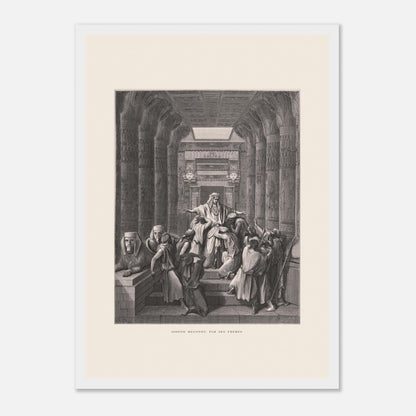 Joseph reconnu par ses frères, planche ancienne de Gustave Doré (29,7x42 cm (A3) / Cadre blanc). Illustration de Gustave Doré montrant Joseph reconnu par ses frères dans un décor architectural égyptien, avec de nombreuses colonnes.
