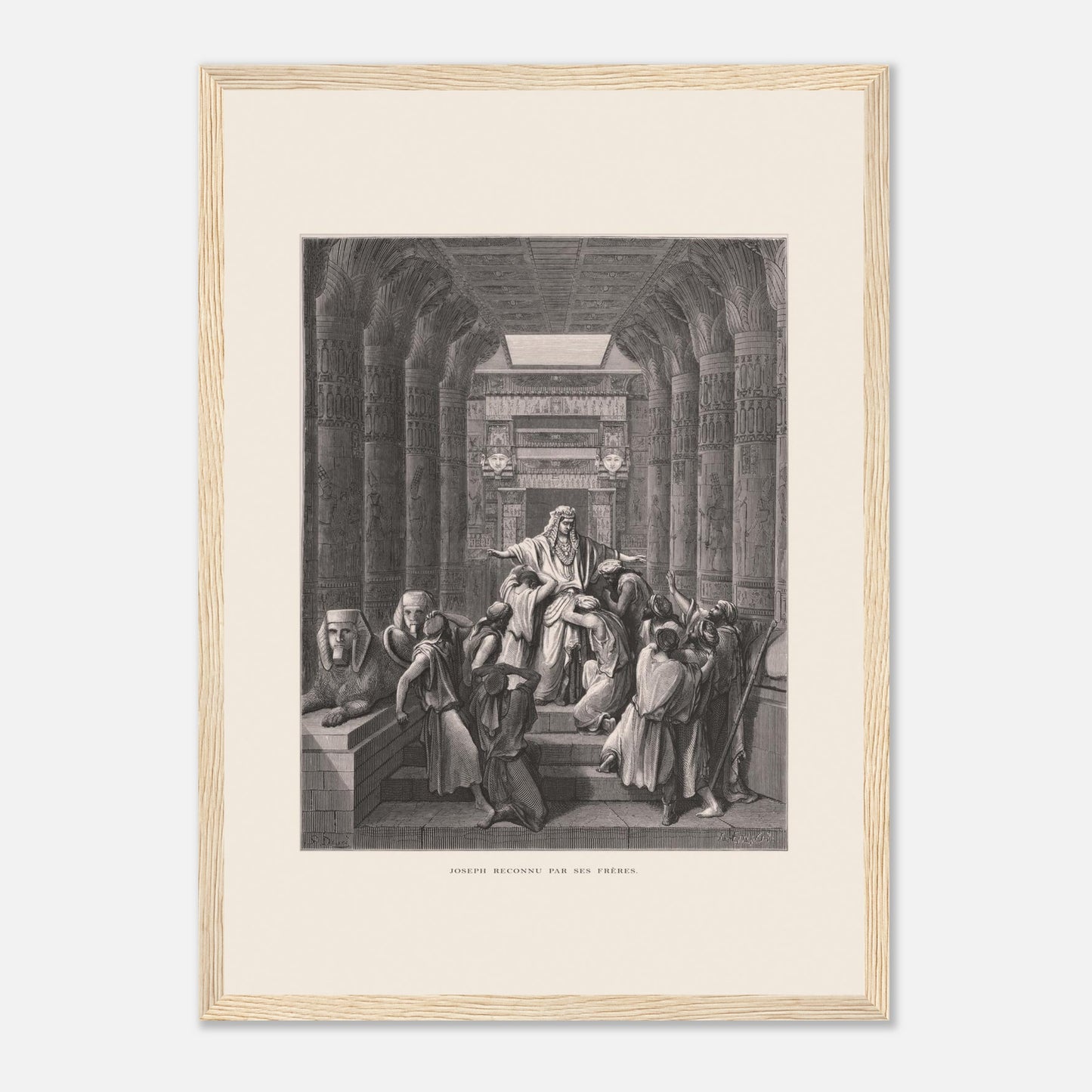 Joseph reconnu par ses frères, planche ancienne de Gustave Doré (29,7x42 cm (A3) / Cadre bois clair). Illustration de Gustave Doré montrant Joseph reconnu par ses frères dans un décor architectural égyptien, avec de nombreuses colonnes.