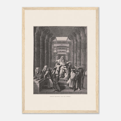 Joseph reconnu par ses frères, planche ancienne de Gustave Doré (29,7x42 cm (A3) / Cadre bois clair). Illustration de Gustave Doré montrant Joseph reconnu par ses frères dans un décor architectural égyptien, avec de nombreuses colonnes.