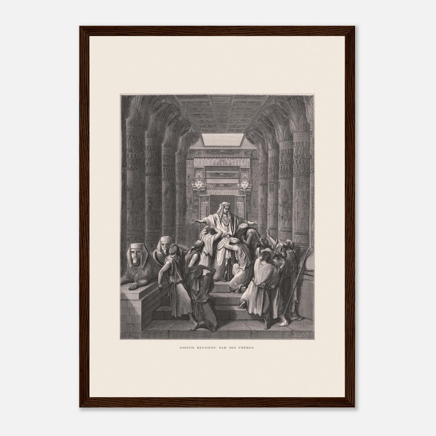 Joseph reconnu par ses frères, planche ancienne de Gustave Doré (29,7x42 cm (A3) / Cadre bois foncé). Illustration de Gustave Doré montrant Joseph reconnu par ses frères dans un décor architectural égyptien, avec de nombreuses colonnes.