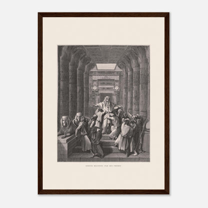 Joseph reconnu par ses frères, planche ancienne de Gustave Doré (29,7x42 cm (A3) / Cadre bois foncé). Illustration de Gustave Doré montrant Joseph reconnu par ses frères dans un décor architectural égyptien, avec de nombreuses colonnes.