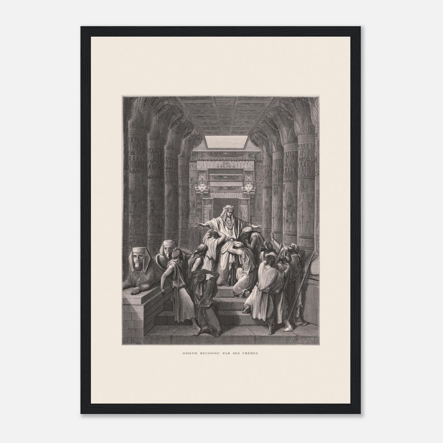 Joseph reconnu par ses frères, planche ancienne de Gustave Doré (29,7x42 cm (A3) / Cadre noir). Illustration de Gustave Doré montrant Joseph reconnu par ses frères dans un décor architectural égyptien, avec de nombreuses colonnes.