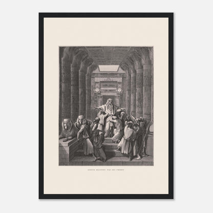 Joseph reconnu par ses frères, planche ancienne de Gustave Doré (29,7x42 cm (A3) / Cadre noir). Illustration de Gustave Doré montrant Joseph reconnu par ses frères dans un décor architectural égyptien, avec de nombreuses colonnes.