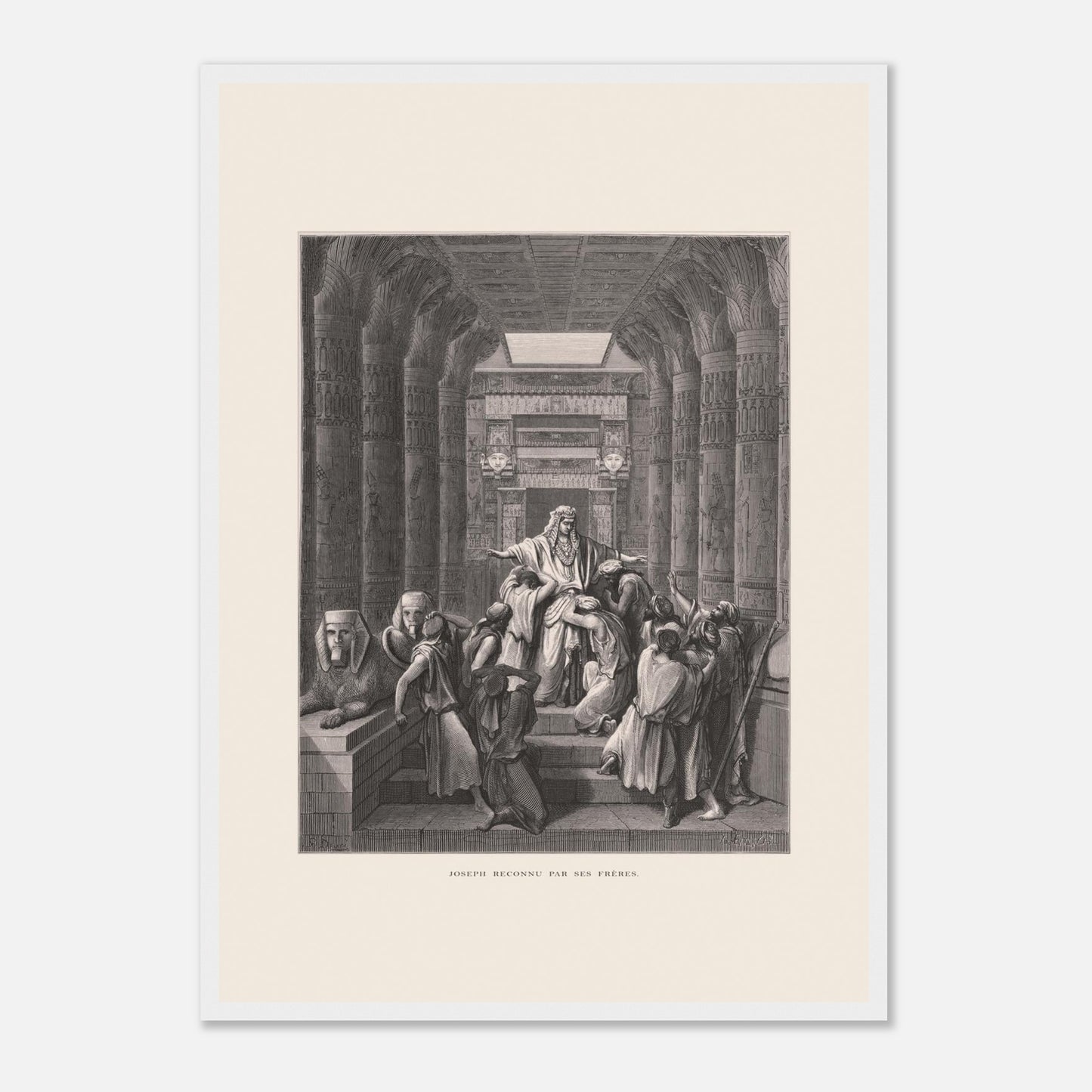 Joseph reconnu par ses frères, planche ancienne de Gustave Doré (42x59,4 cm (A2) / Cadre blanc). Illustration de Gustave Doré montrant Joseph reconnu par ses frères dans un décor architectural égyptien, avec de nombreuses colonnes.