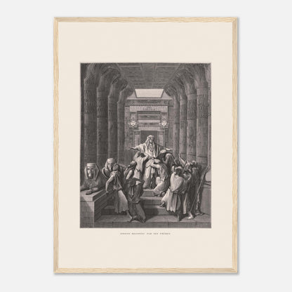 Joseph reconnu par ses frères, planche ancienne de Gustave Doré (42x59,4 cm (A2) / Cadre bois clair). Illustration de Gustave Doré montrant Joseph reconnu par ses frères dans un décor architectural égyptien, avec de nombreuses colonnes.