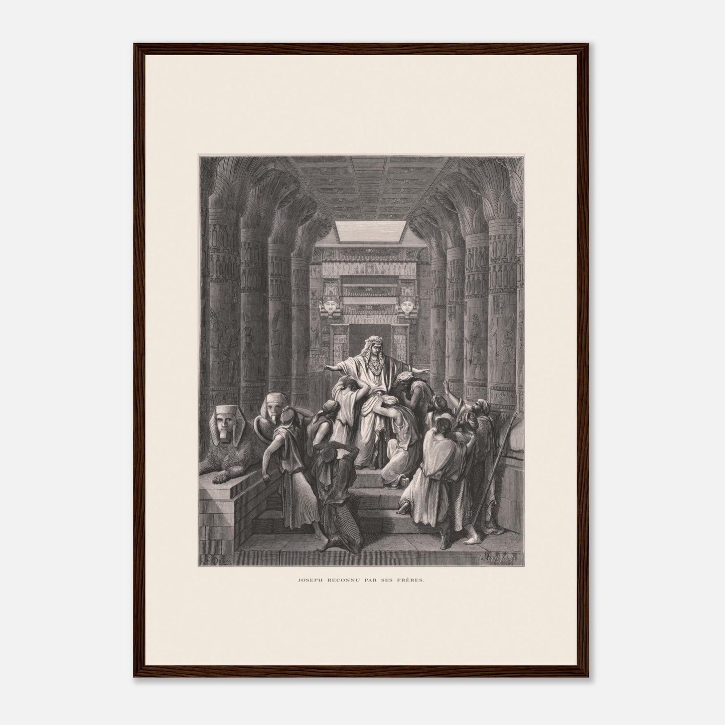 Joseph reconnu par ses frères, planche ancienne de Gustave Doré (42x59,4 cm (A2) / Cadre bois foncé). Illustration de Gustave Doré montrant Joseph reconnu par ses frères dans un décor architectural égyptien, avec de nombreuses colonnes.