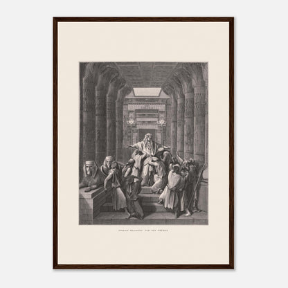 Joseph reconnu par ses frères, planche ancienne de Gustave Doré (42x59,4 cm (A2) / Cadre bois foncé). Illustration de Gustave Doré montrant Joseph reconnu par ses frères dans un décor architectural égyptien, avec de nombreuses colonnes.