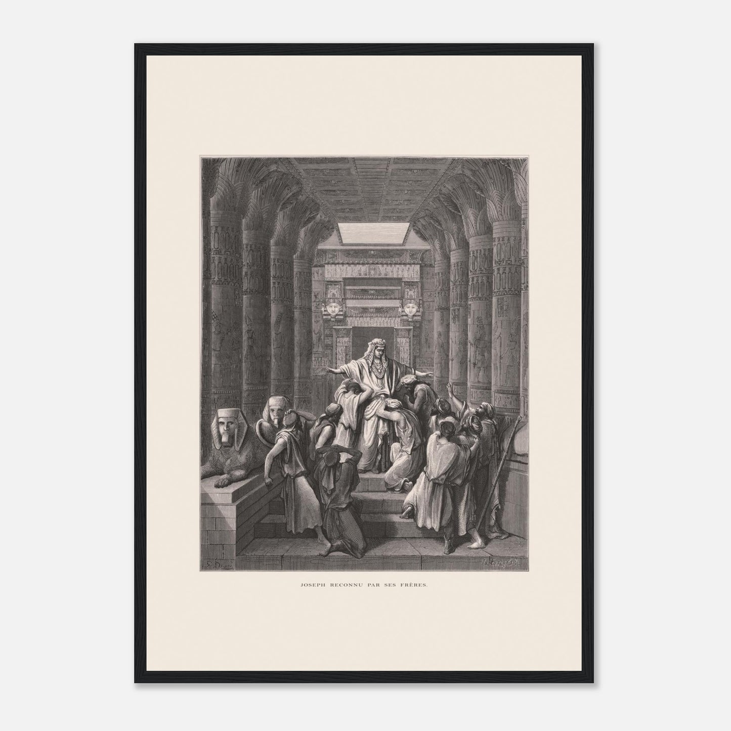 Joseph reconnu par ses frères, planche ancienne de Gustave Doré (42x59,4 cm (A2) / Cadre noir). Illustration de Gustave Doré montrant Joseph reconnu par ses frères dans un décor architectural égyptien, avec de nombreuses colonnes.