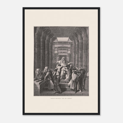 Joseph reconnu par ses frères, planche ancienne de Gustave Doré (42x59,4 cm (A2) / Cadre noir). Illustration de Gustave Doré montrant Joseph reconnu par ses frères dans un décor architectural égyptien, avec de nombreuses colonnes.