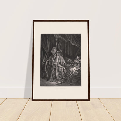 Antiker Stich Judith und Holofernes von Gustave Doré. Stich von Gustave Doré, der Judith in reichen Gewändern zeigt, wie sie mit einem triumphierenden Ausdruck zum Himmel blickt, nahe der enthaupteten Leiche des Holofernes.