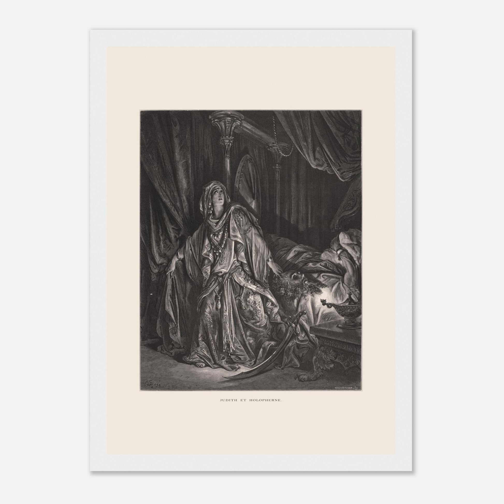 Gravure ancienne Judith et Holopherne de Gustave Doré (21x29,7 cm (A4) / Cadre blanc). Gravure de Gustave Doré illustrant Judith, vêtue de riches habits, regardant vers le ciel avec une expression de triomphe, près du corps décapité d'Holopherne.