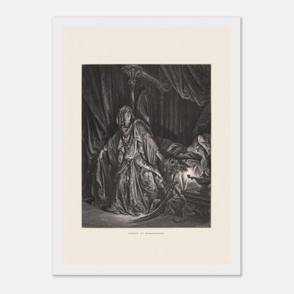 Gravure ancienne Judith et Holopherne de Gustave Doré (21x29,7 cm (A4) / Cadre blanc). Gravure de Gustave Doré illustrant Judith, vêtue de riches habits, regardant vers le ciel avec une expression de triomphe, près du corps décapité d'Holopherne.