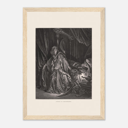 Gravure ancienne Judith et Holopherne de Gustave Doré (21x29,7 cm (A4) / Cadre bois clair). Gravure de Gustave Doré illustrant Judith, vêtue de riches habits, regardant vers le ciel avec une expression de triomphe, près du corps décapité d'Holopherne.