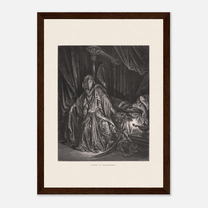 Gravure ancienne Judith et Holopherne de Gustave Doré (21x29,7 cm (A4) / Cadre bois foncé). Gravure de Gustave Doré illustrant Judith, vêtue de riches habits, regardant vers le ciel avec une expression de triomphe, près du corps décapité d'Holopherne.