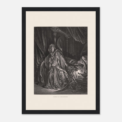 Gravure ancienne Judith et Holopherne de Gustave Doré (21x29,7 cm (A4) / Cadre noir). Gravure de Gustave Doré illustrant Judith, vêtue de riches habits, regardant vers le ciel avec une expression de triomphe, près du corps décapité d'Holopherne.
