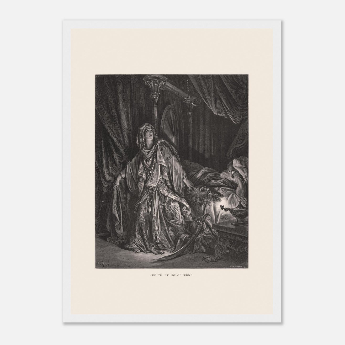 Gravure ancienne Judith et Holopherne de Gustave Doré (29,7x42 cm (A3) / Cadre blanc). Gravure de Gustave Doré illustrant Judith, vêtue de riches habits, regardant vers le ciel avec une expression de triomphe, près du corps décapité d'Holopherne.