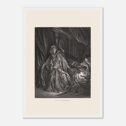 Gravure ancienne Judith et Holopherne de Gustave Doré (29,7x42 cm (A3) / Cadre blanc). Gravure de Gustave Doré illustrant Judith, vêtue de riches habits, regardant vers le ciel avec une expression de triomphe, près du corps décapité d'Holopherne.