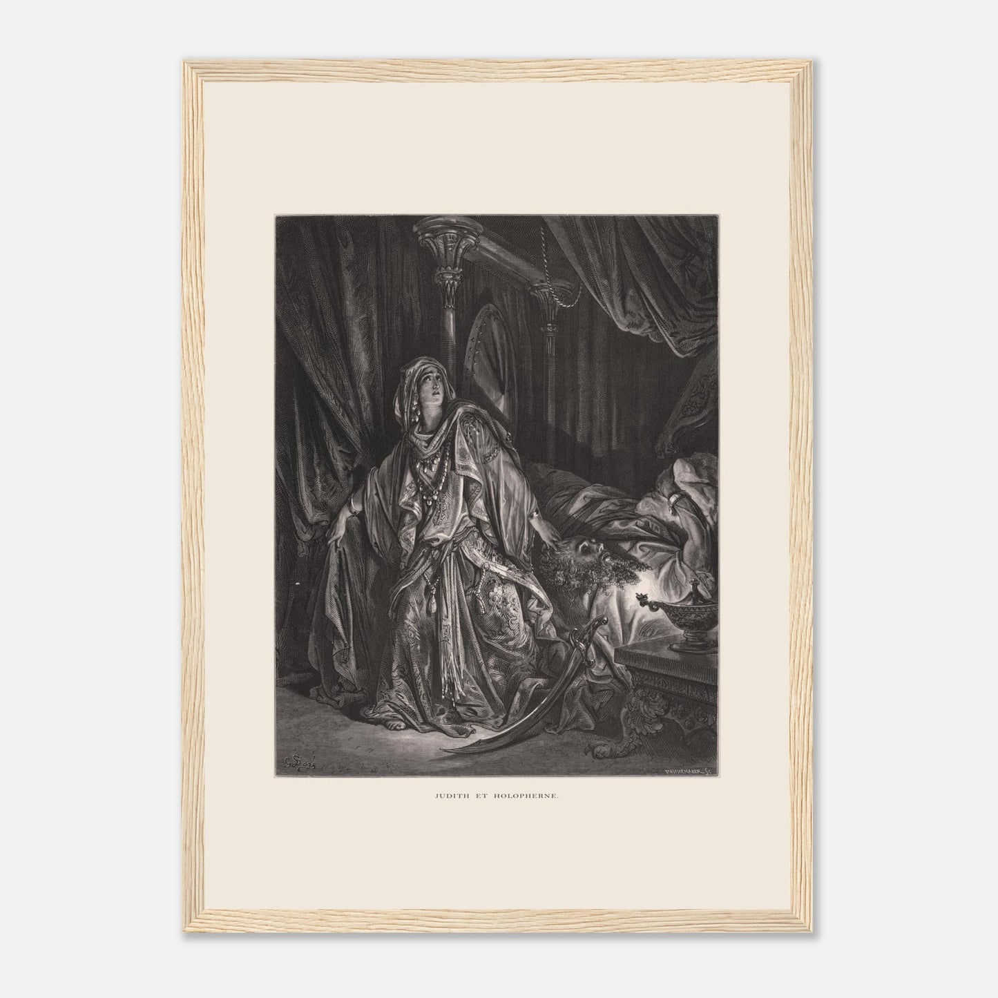 Gravure ancienne Judith et Holopherne de Gustave Doré (29,7x42 cm (A3) / Cadre bois clair). Gravure de Gustave Doré illustrant Judith, vêtue de riches habits, regardant vers le ciel avec une expression de triomphe, près du corps décapité d'Holopherne.