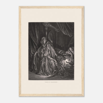 Gravure ancienne Judith et Holopherne de Gustave Doré (29,7x42 cm (A3) / Cadre bois clair). Gravure de Gustave Doré illustrant Judith, vêtue de riches habits, regardant vers le ciel avec une expression de triomphe, près du corps décapité d'Holopherne.