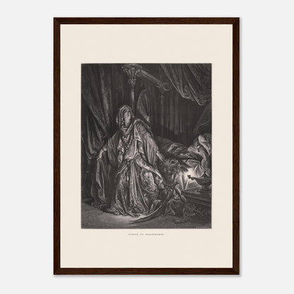 Gravure ancienne Judith et Holopherne de Gustave Doré (29,7x42 cm (A3) / Cadre bois foncé). Gravure de Gustave Doré illustrant Judith, vêtue de riches habits, regardant vers le ciel avec une expression de triomphe, près du corps décapité d'Holopherne.