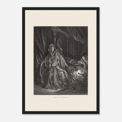 Gravure ancienne Judith et Holopherne de Gustave Doré (29,7x42 cm (A3) / Cadre noir). Gravure de Gustave Doré illustrant Judith, vêtue de riches habits, regardant vers le ciel avec une expression de triomphe, près du corps décapité d'Holopherne.