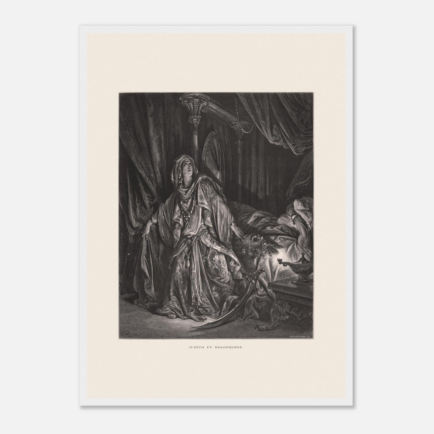 Gravure ancienne Judith et Holopherne de Gustave Doré (42x59,4 cm (A2) / Cadre blanc). Gravure de Gustave Doré illustrant Judith, vêtue de riches habits, regardant vers le ciel avec une expression de triomphe, près du corps décapité d'Holopherne.