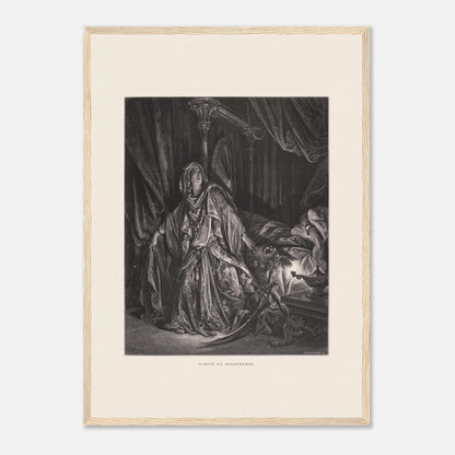 Gravure ancienne Judith et Holopherne de Gustave Doré (42x59,4 cm (A2) / Cadre bois clair). Gravure de Gustave Doré illustrant Judith, vêtue de riches habits, regardant vers le ciel avec une expression de triomphe, près du corps décapité d'Holopherne.