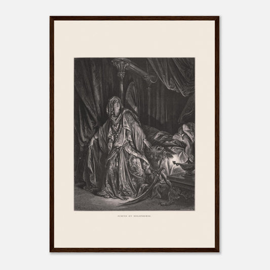 Gravure ancienne Judith et Holopherne de Gustave Doré (42x59,4 cm (A2) / Cadre bois foncé). Gravure de Gustave Doré illustrant Judith, vêtue de riches habits, regardant vers le ciel avec une expression de triomphe, près du corps décapité d'Holopherne.