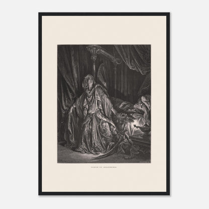 Gravure ancienne Judith et Holopherne de Gustave Doré (42x59,4 cm (A2) / Cadre noir). Gravure de Gustave Doré illustrant Judith, vêtue de riches habits, regardant vers le ciel avec une expression de triomphe, près du corps décapité d'Holopherne.