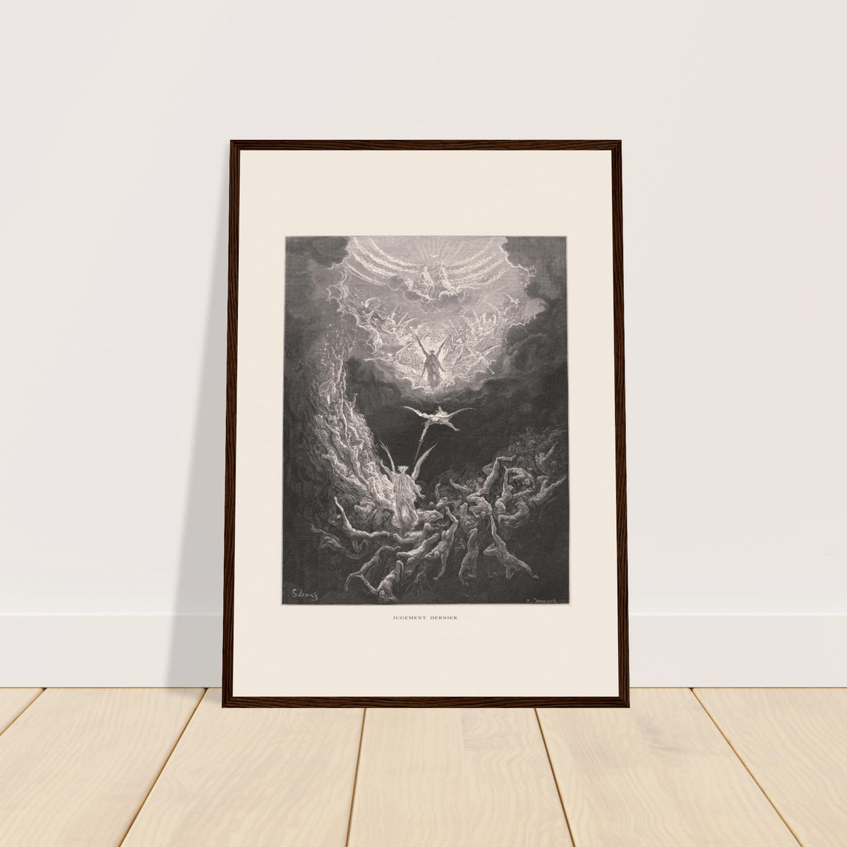 Antiker Druck: Das Jüngste Gericht von Gustave Doré. Druck von Gustave Doré, der das Jüngste Gericht darstellt, mit himmlischen Figuren und verdammten Seelen in einer dunklen und gequälten Landschaft, umgeben von Wolken.