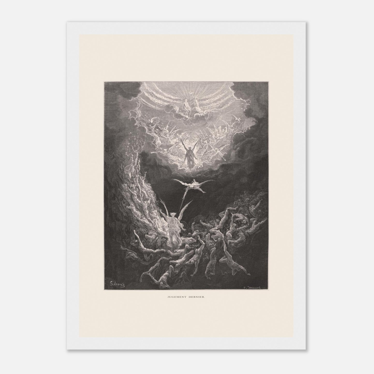 Planche ancienne : Le Jugement dernier par Gustave Doré (21x29,7 cm (A4) / Cadre blanc). Estampe de Gustave Doré représentant le Jugement dernier, avec des figures célestes et des âmes damnées dans un paysage sombre et tourmenté, entouré de nuages.