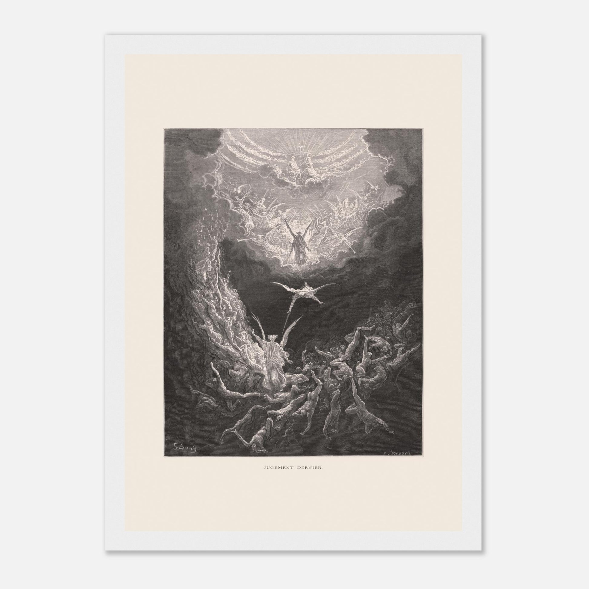 Planche ancienne : Le Jugement dernier par Gustave Doré (21x29,7 cm (A4) / Cadre blanc). Estampe de Gustave Doré représentant le Jugement dernier, avec des figures célestes et des âmes damnées dans un paysage sombre et tourmenté, entouré de nuages.