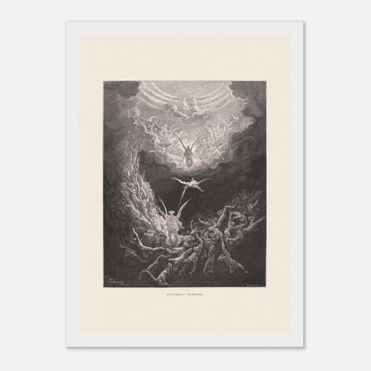 Planche ancienne : Le Jugement dernier par Gustave Doré (21x29,7 cm (A4) / Cadre blanc). Estampe de Gustave Doré représentant le Jugement dernier, avec des figures célestes et des âmes damnées dans un paysage sombre et tourmenté, entouré de nuages.